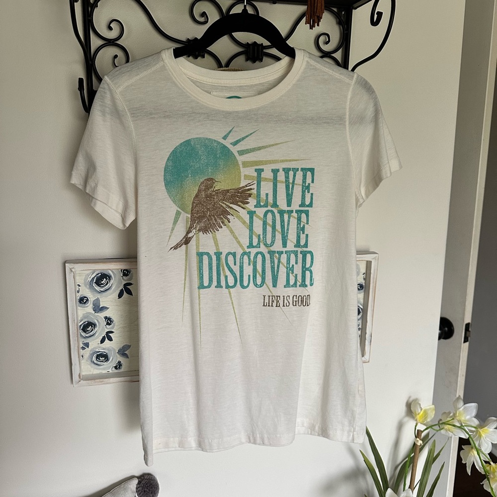 Life Is Good White Tee Blue Brown Bird Sun Graphic